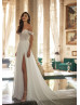 Off Shoulder Beaded Ivory Lace Chiffon Slit Sexy Wedding Dress